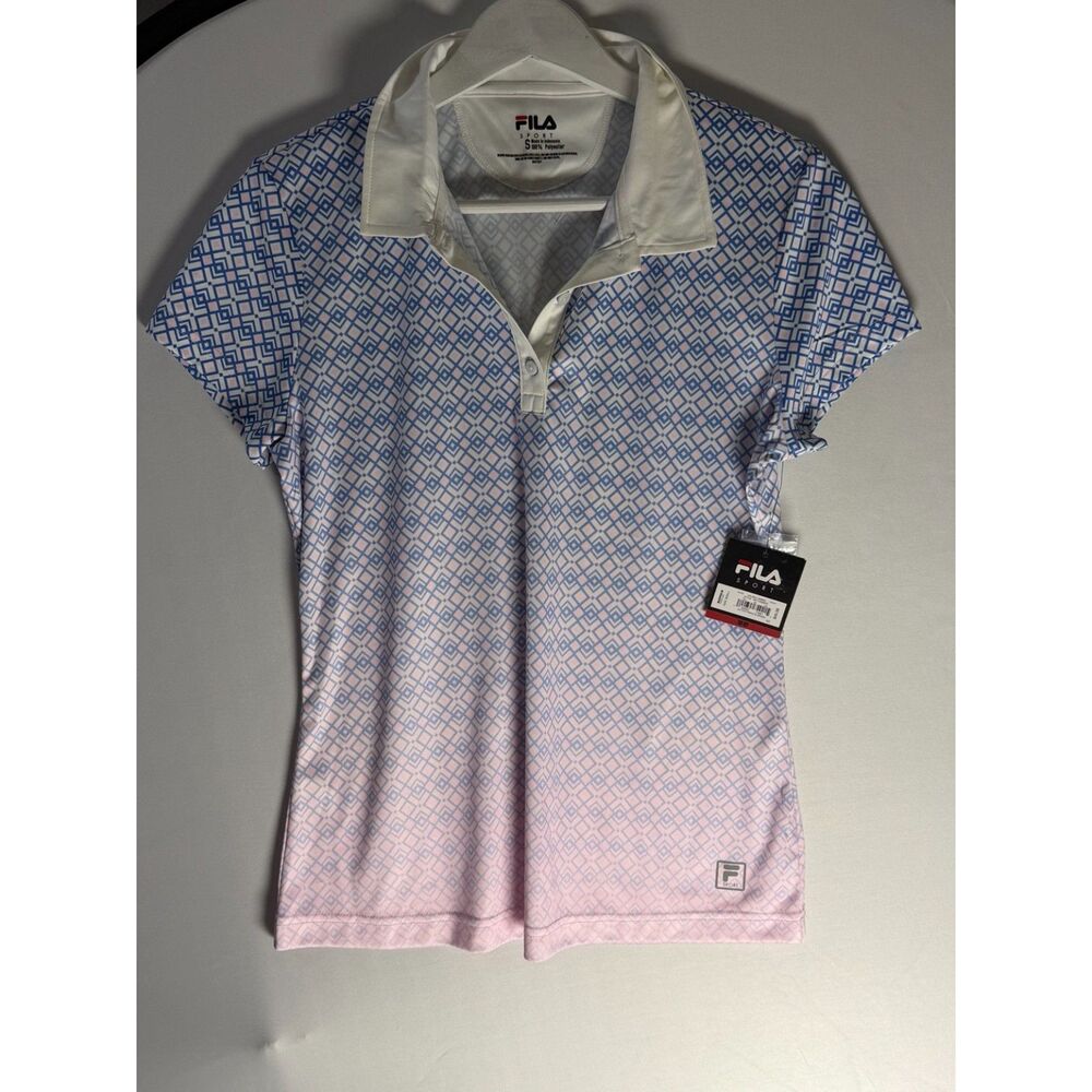 FILA Sport Women’s S Small Blue Pink Geometric Golf Polo Shirt NWT